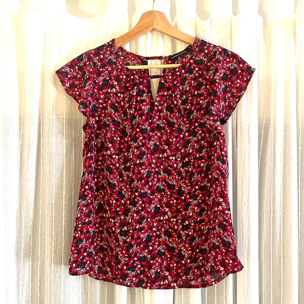 Monoprix French Brand Women's Red Floral Cap-Sleeve Top